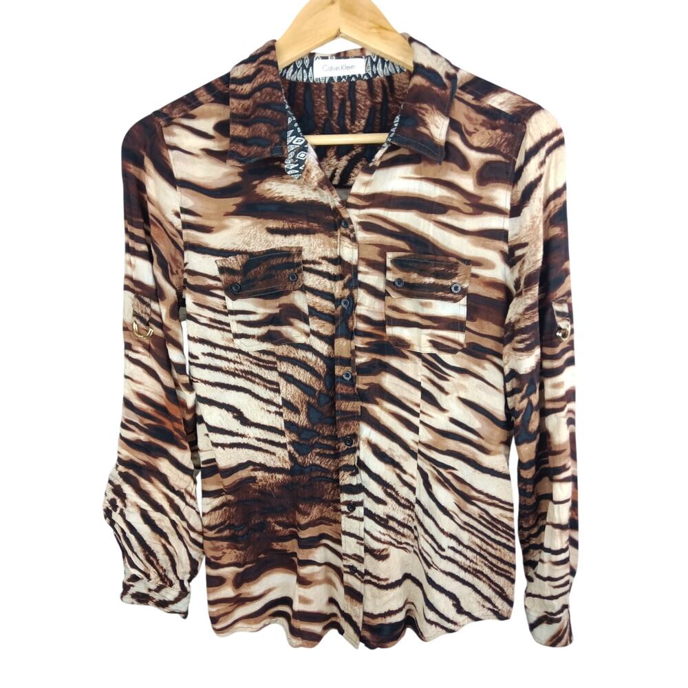 Calvin Klein Brown Tiger Print Button-Up Blouse